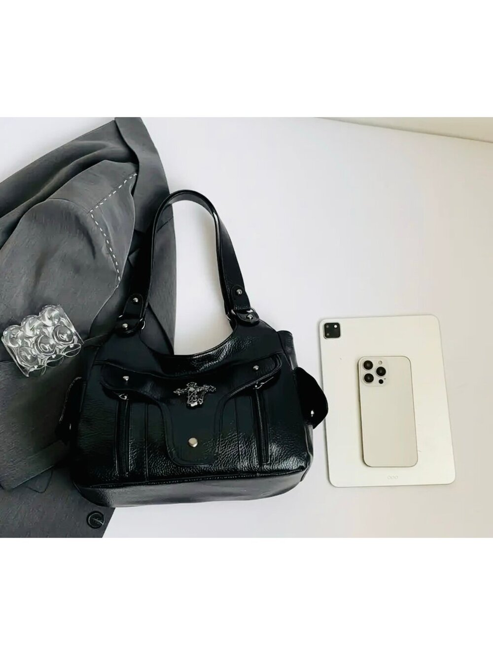 New -Chic -Vintage Inspired Y2K Faux Leather Shoulder Bag w/Cross Accents -Black - Picture 5 of 7